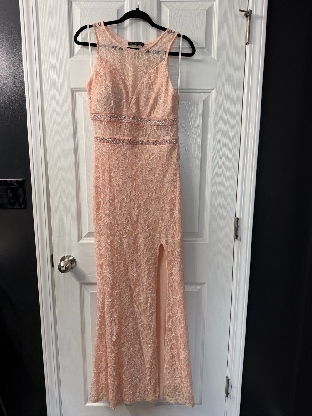 City Studio Peach Lace Beaded Waist Evening Gown